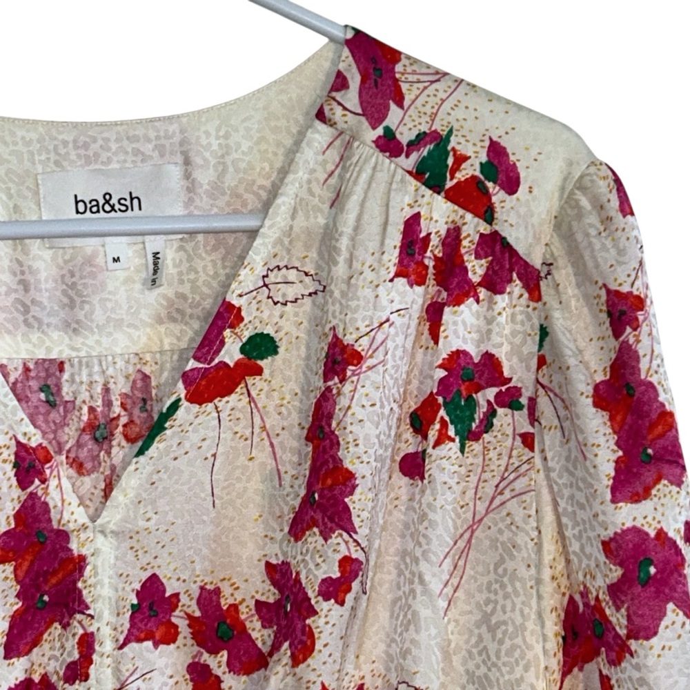 ba&sh Floral V-Neck Crop Ruffle Blouse - Pink and Cream Medium - Picture 3 of 5